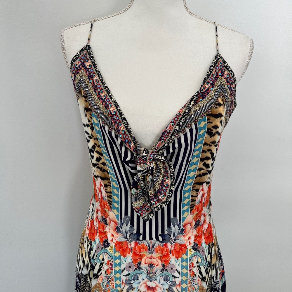 Camilla Silk Crepe Multi Colored Animal Floral Print Long Maxi Rhinestone Dress
